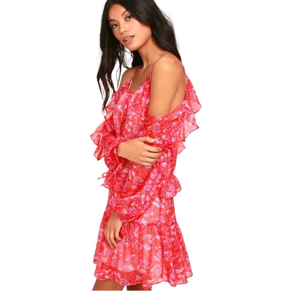 Adelyn Rae Kaileen Red Floral Print Cold Shoulder Long Sleeve Dress